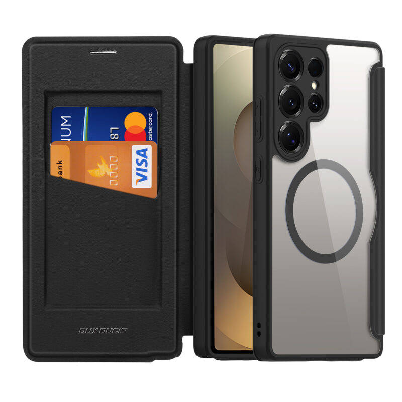 Black-Worded_03 MagSafe® Compatible Phantom Black 3-in-1 Wallet No Ring Stand Case for Samsung Galaxy