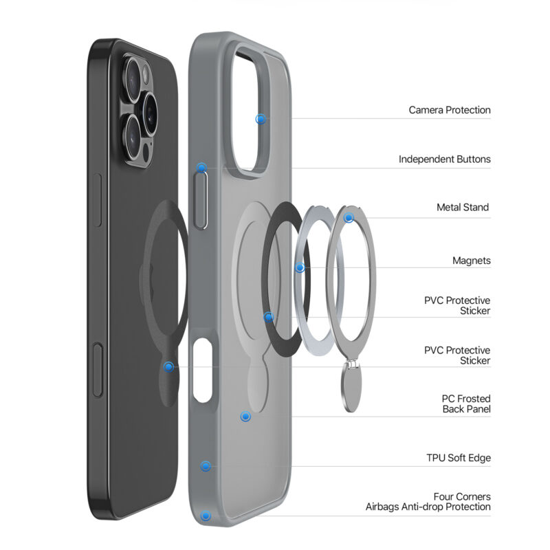 Grey_06 MagSafe® Compatible Titanium Grey Case with 360° Ring Stand & Drop Protection for iPhone 16 Series