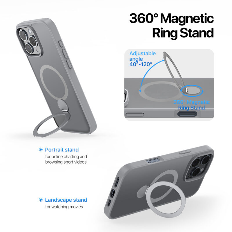Grey_12 MagSafe® Compatible Titanium Grey Case with 360° Ring Stand & Drop Protection for iPhone 16 Series