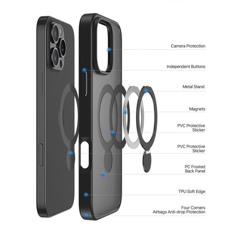 black_06 MagSafe® Compatible Carbon Shadow Case with 360° Ring Stand & Drop Protection for iPhone 16 Series