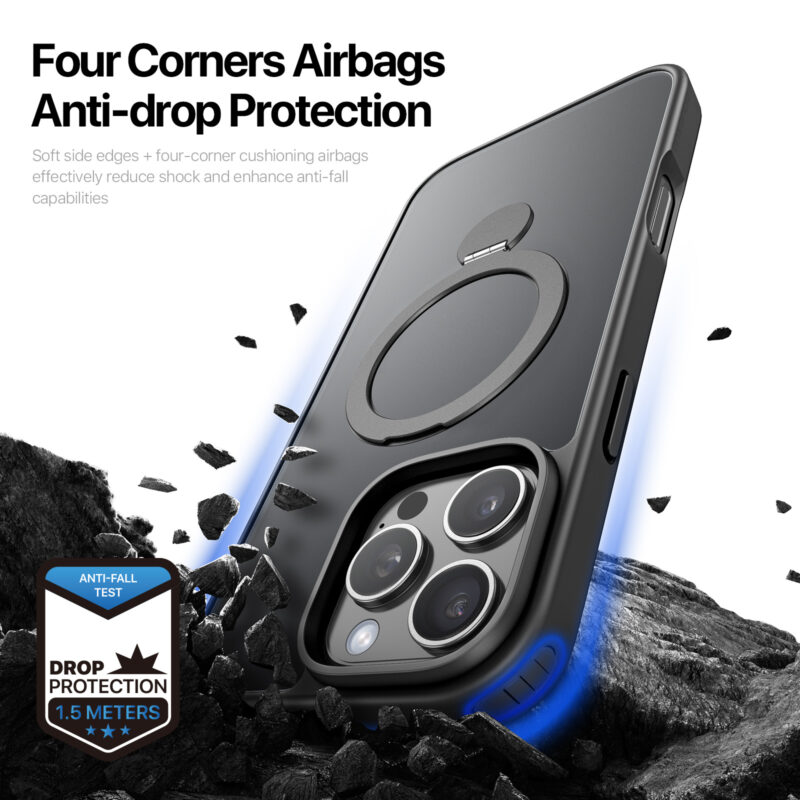 black_10 MagSafe® Compatible Carbon Shadow Case with 360° Ring Stand & Drop Protection for iPhone 16 Series