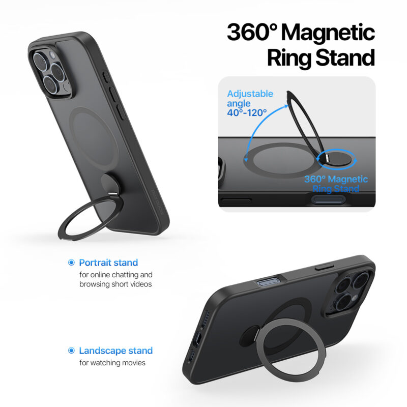 black_12 MagSafe® Compatible Carbon Shadow Case with 360° Ring Stand & Drop Protection for iPhone 16 Series